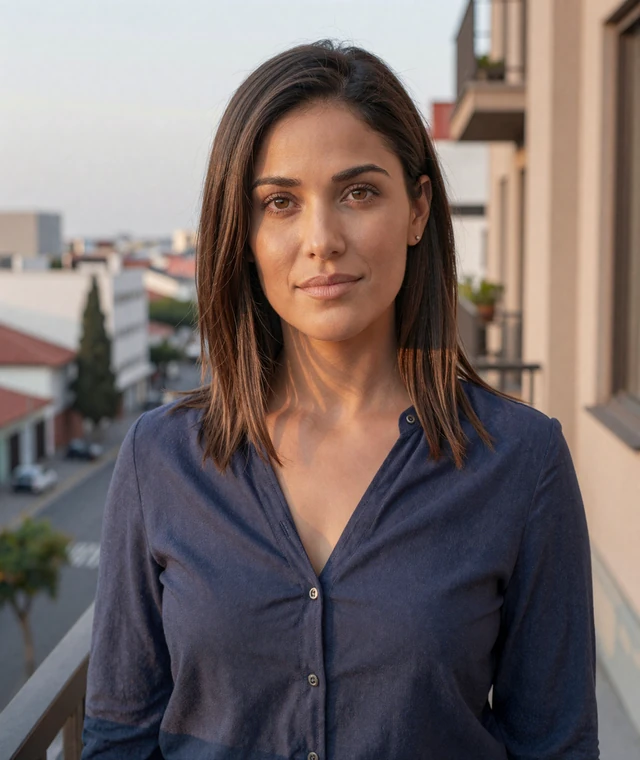 Marisol on a sunset balcony, showing polished but realistic member-style imagery for the Latidreams dating platform