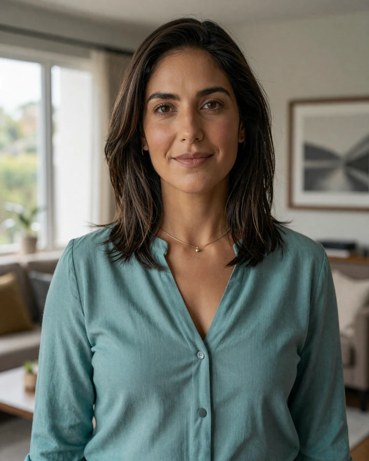 Camila smiling in a cozy living room, representing realistic profile quality on the Latidreams Latin dating site