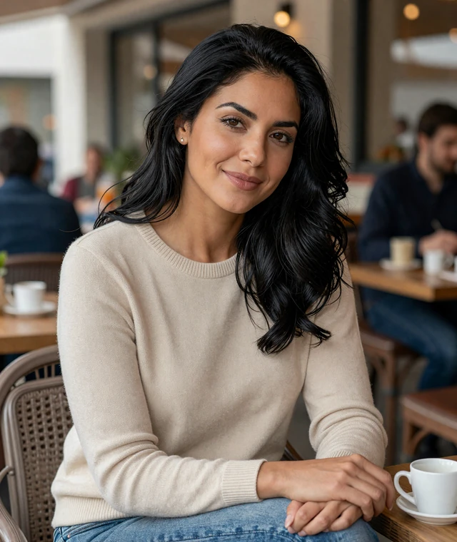 Luciana seated in a daylight café, illustrating realistic everyday profile presentation for serious international relationships